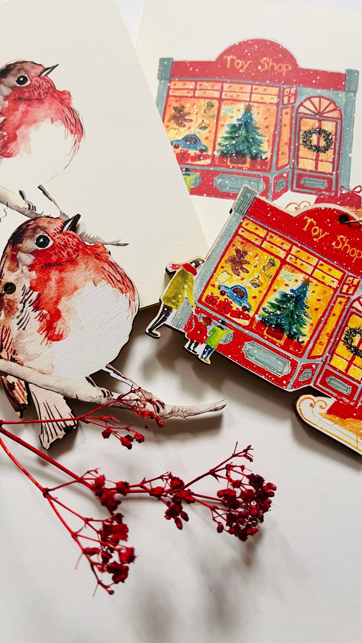 Christmas Toy Shop Greeting Card & Wood Decoration | Maria Zvaric Design | Made with Sustainable Materials