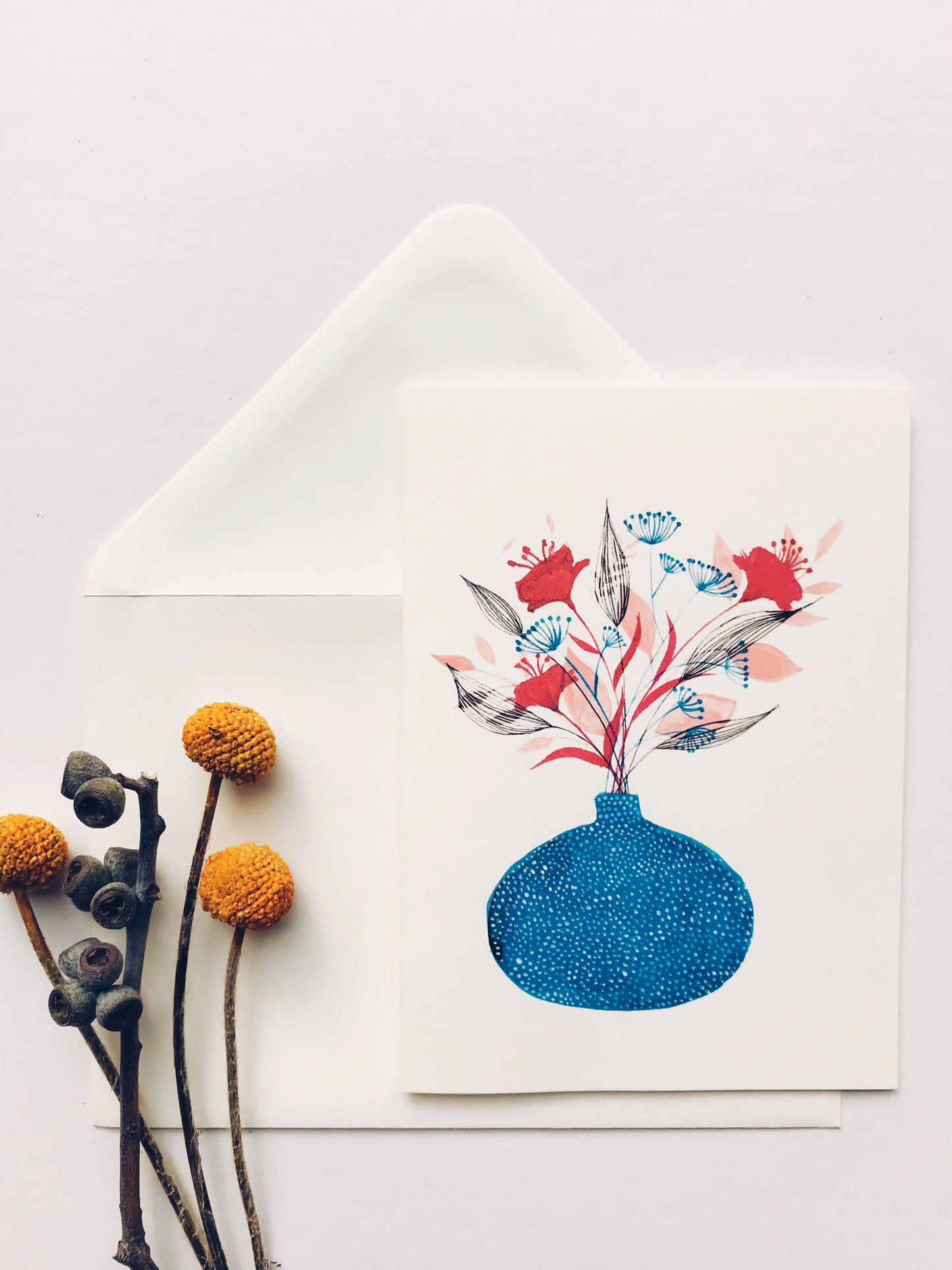 Blue Vase With Pink Flowers - Greetings Card