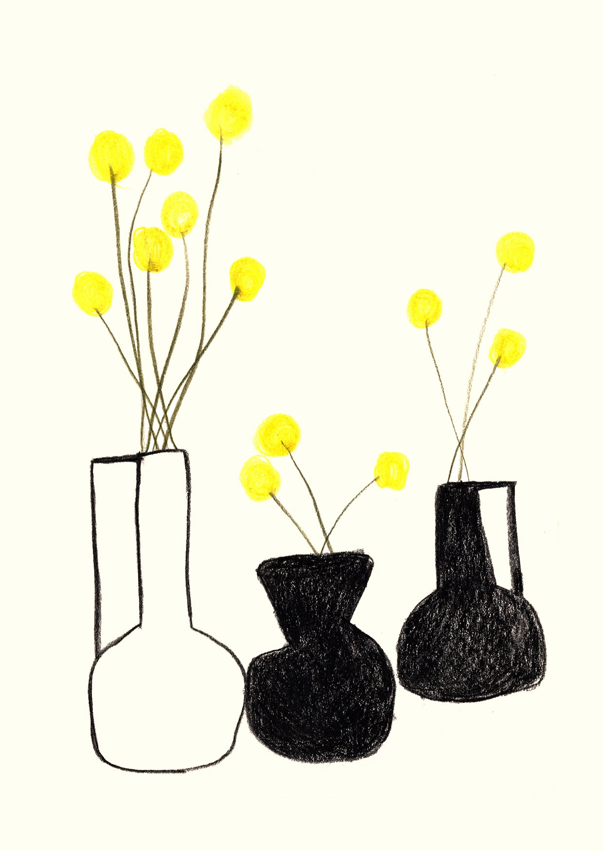 Craspedia In Black Vase - Greetings Card