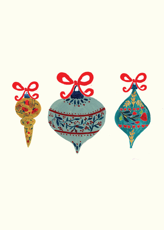 Christmas Baubles Greeting Card by Maria Zvaric Illustration. Elegant card featuring a festive bauble design, perfect for sending warm Christmas greetings.