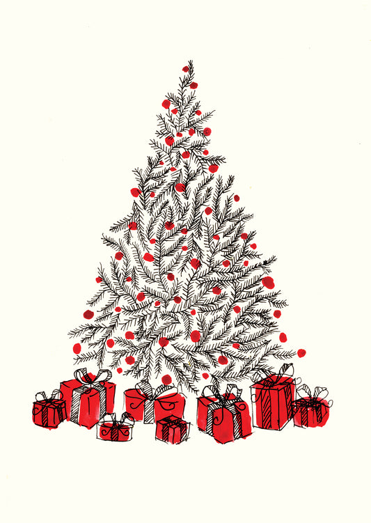 Christmas Tree Greeting Card by Maria Zvaric Illustration. Classic card featuring a beautifully illustrated Christmas tree, ideal for sending festive Christmas greetings.
