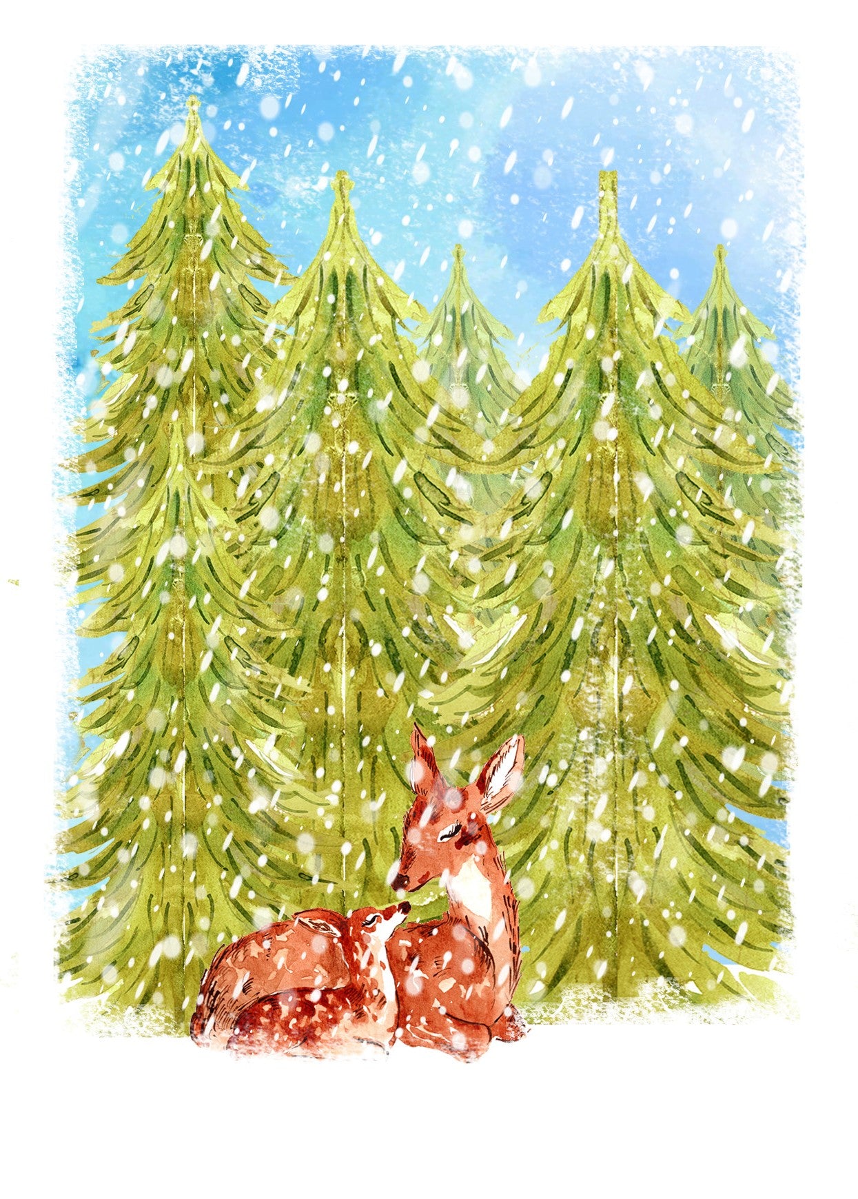 Deer Family Christmas Greeting Card by Maria Zvaric Illustration. Heartwarming card featuring a deer family design, perfect for sending festive and meaningful Christmas greetings.