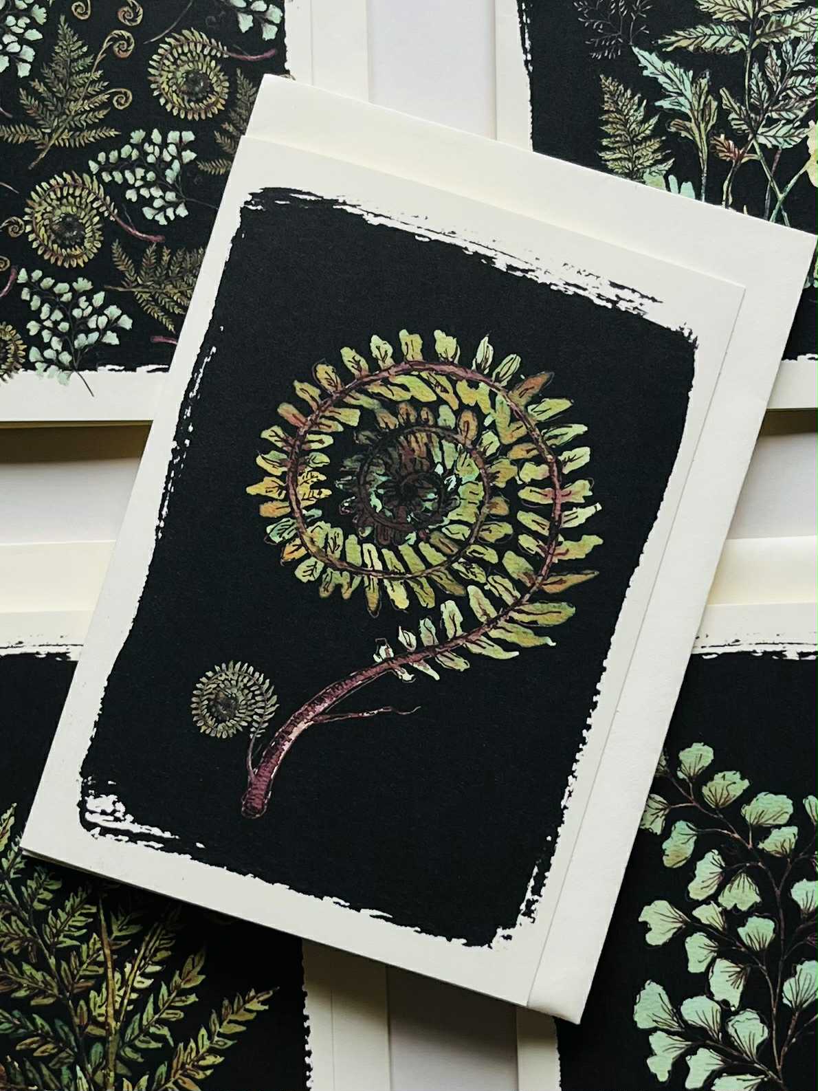 Fern Fronds Greeting Card on Black | Botanical Watercolour & Ink Design | Maria Zvaric Illustration