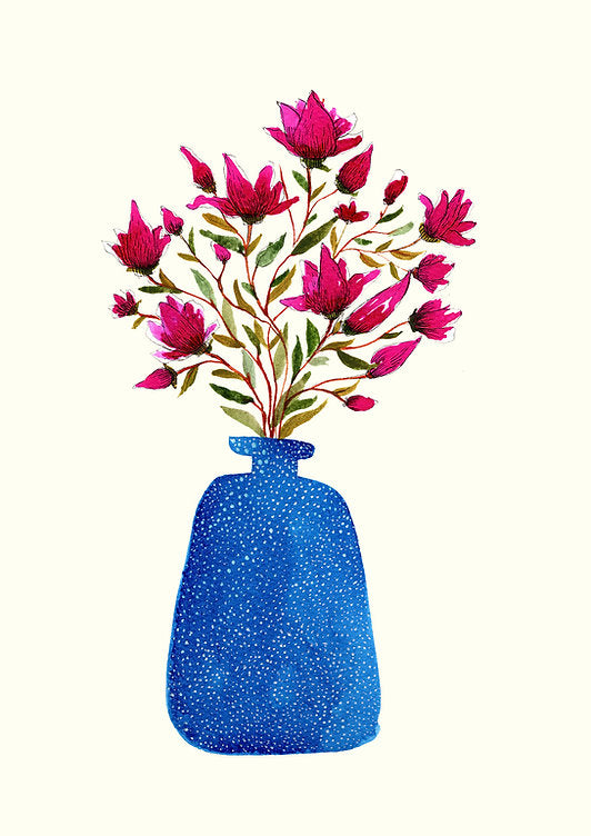 Blue Vase With Magnolia Greetings Card by Maria Zvaric Illustration featuring an elegant floral design with magnolia blooms in a blue vase.