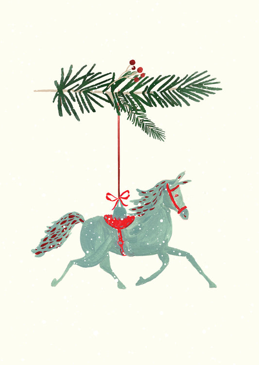 orse Christmas Greeting Card by Maria Zvaric Illustration. Handcrafted card with an elegant ivory horse illustration, perfect for sending festive Christmas wishes in the UK.