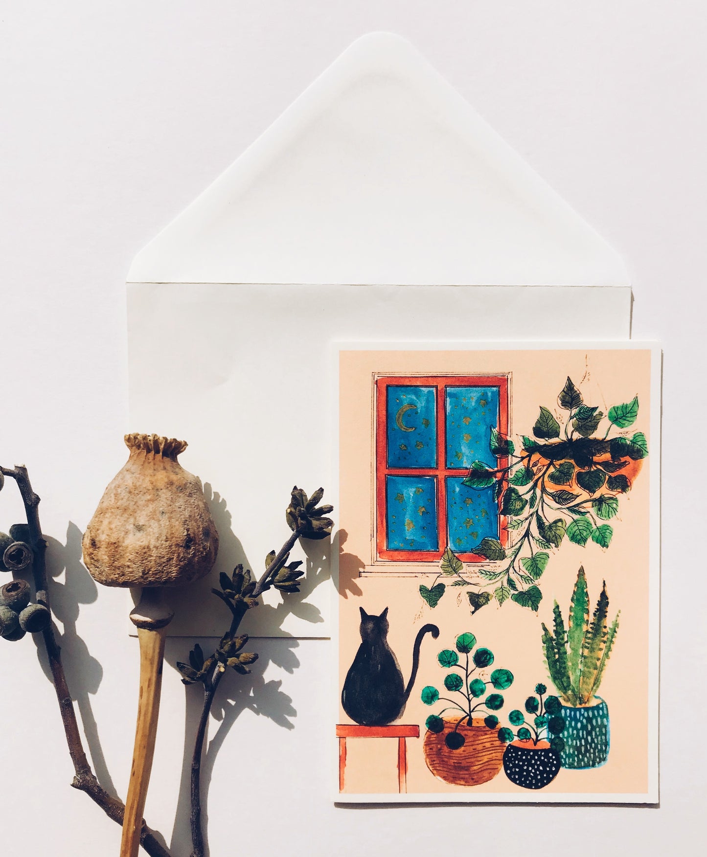 House Plants With Cat - Greetings Card
