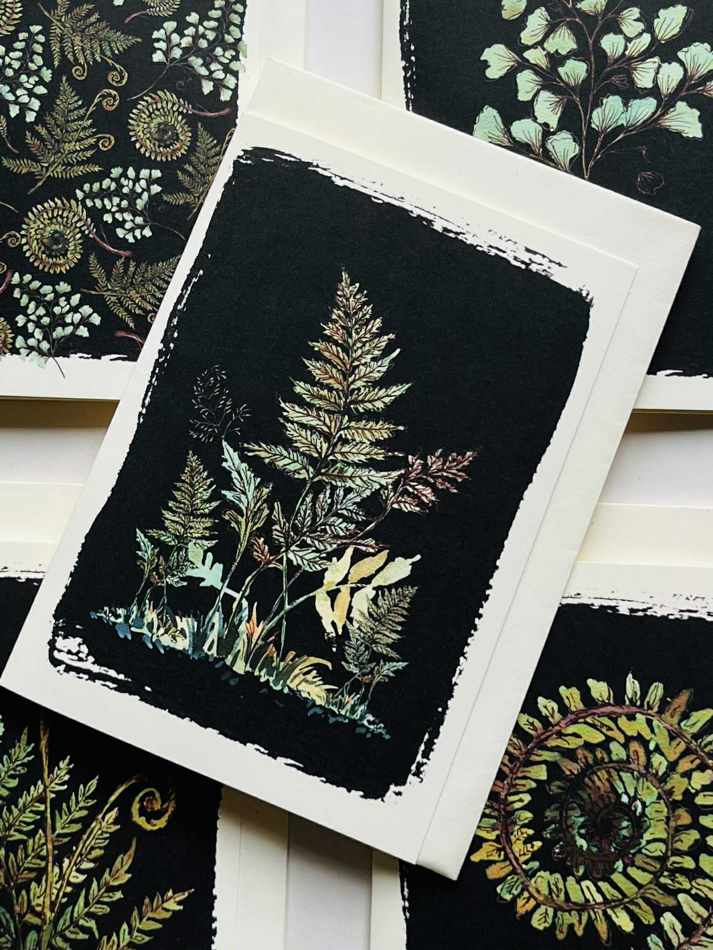 Ferns and Foliage Greeting Card on Black | Watercolour & Ink Botanical Design | Maria Zvaric Illustration