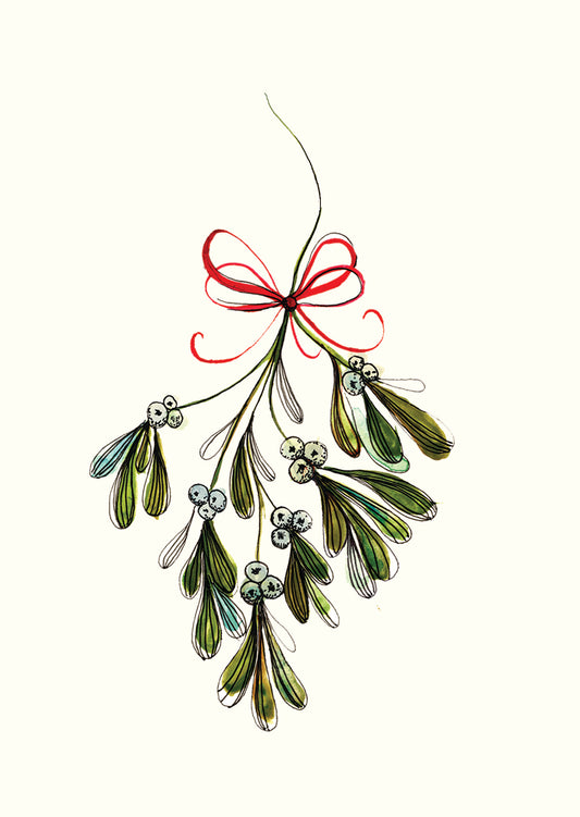 Mistletoe Christmas Greeting Card by Maria Zvaric Illustration. Classic card showcasing a mistletoe design, perfect for sending warm and festive Christmas greetings.