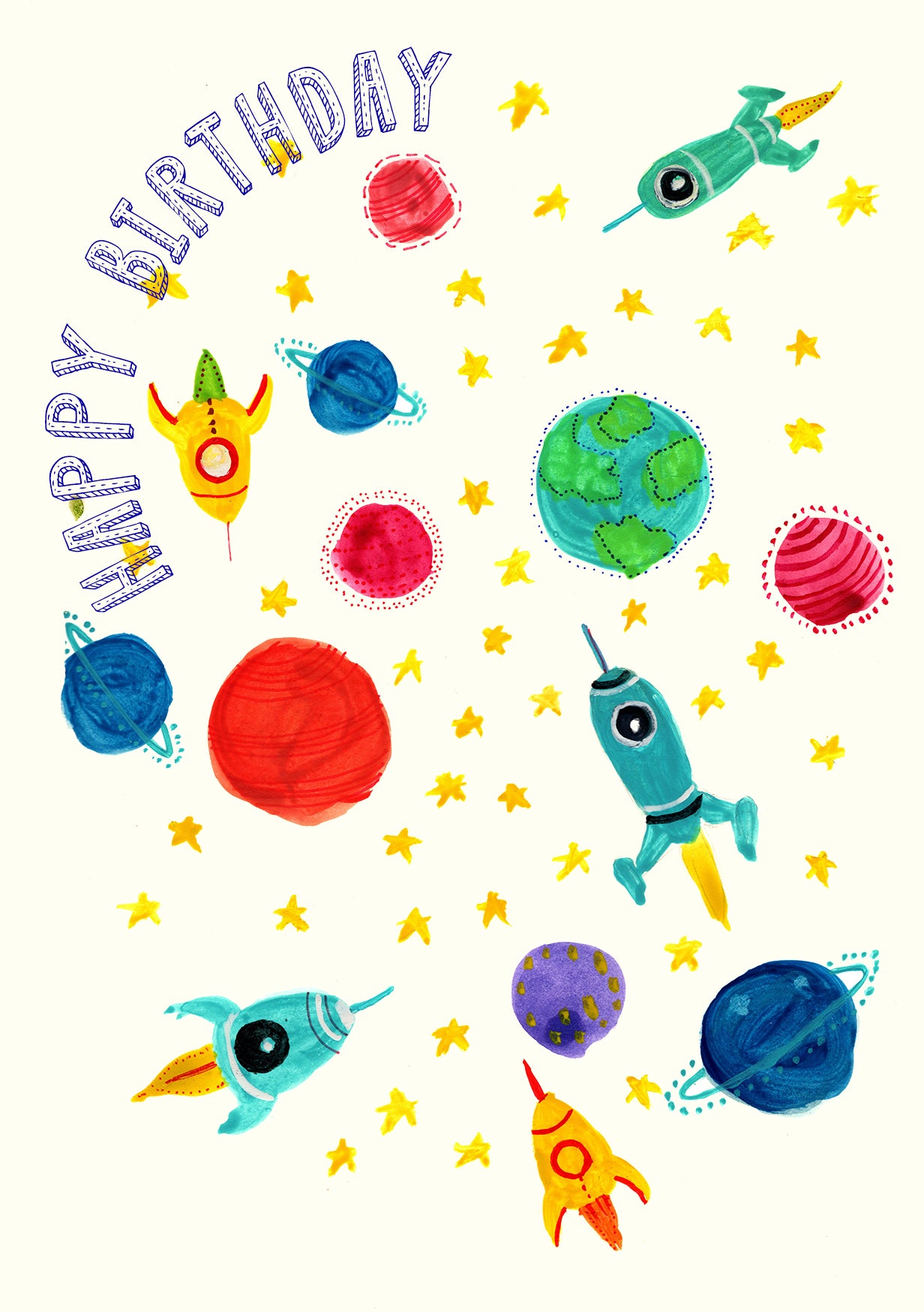 Happy Birthday - Rocket Planets - Greetings Card