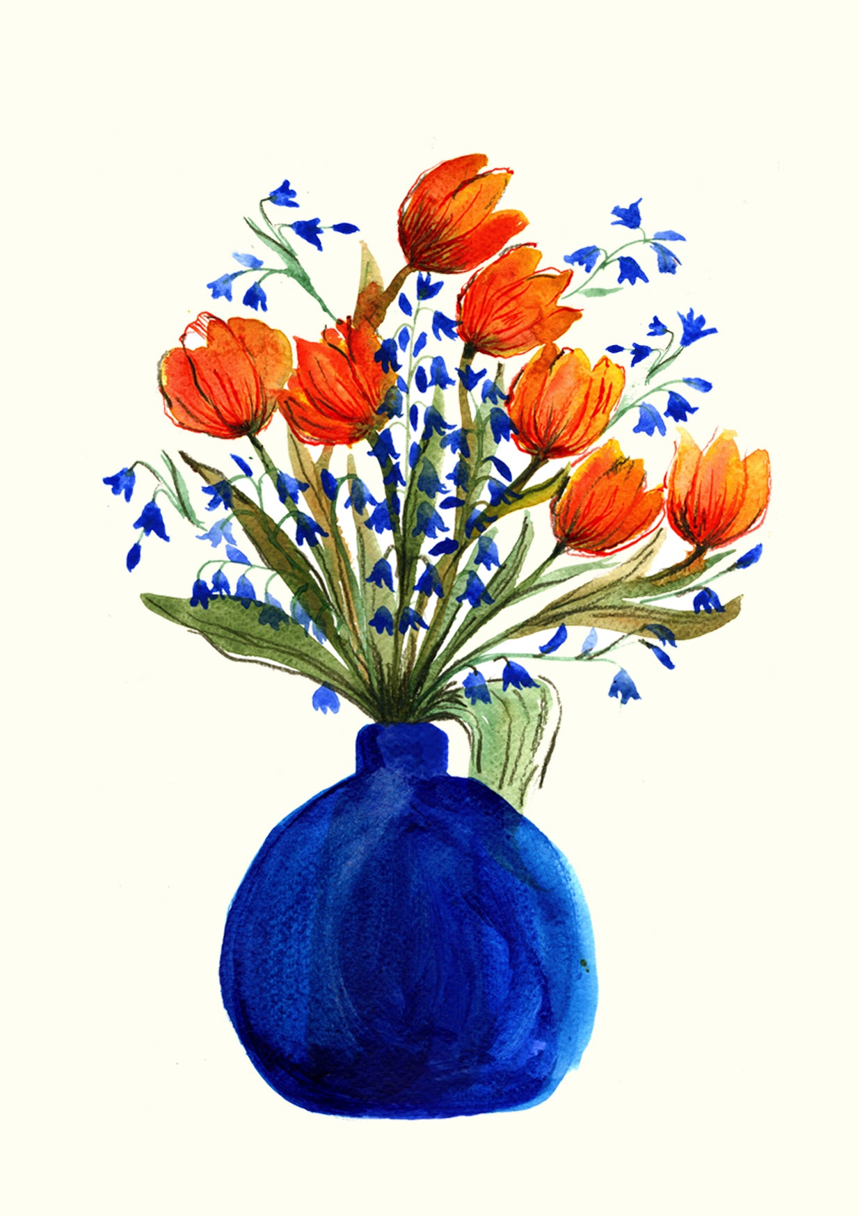 Orange Tulips and Bluebells in a Blue Vase | Greetings Card By Maria Zvaric Illustration