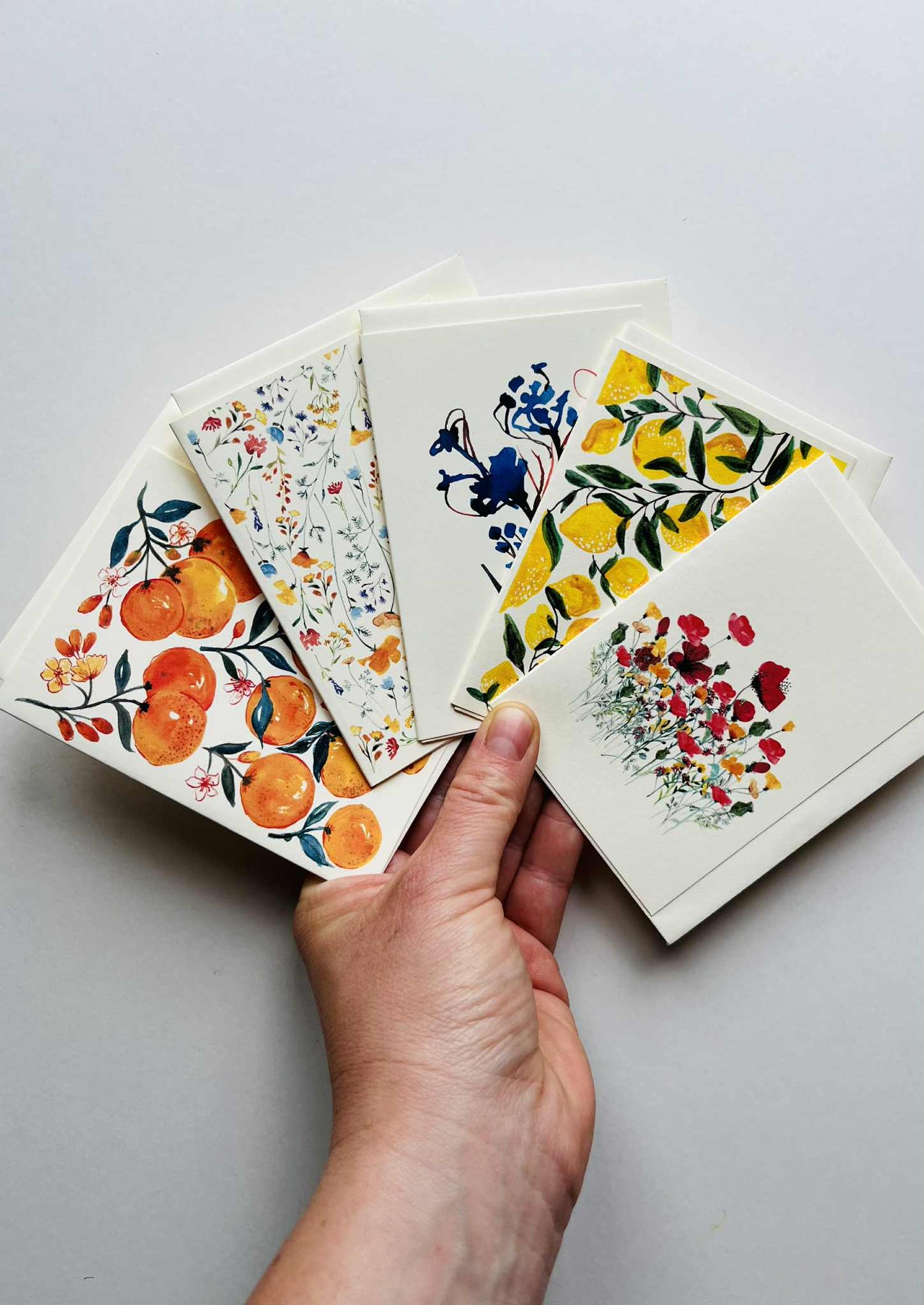 Pack of 5 Mini Greetings Cards โ Fruits & Flowers | A7 Blank Cards with Envelopes | Maria Zvaric Illustration