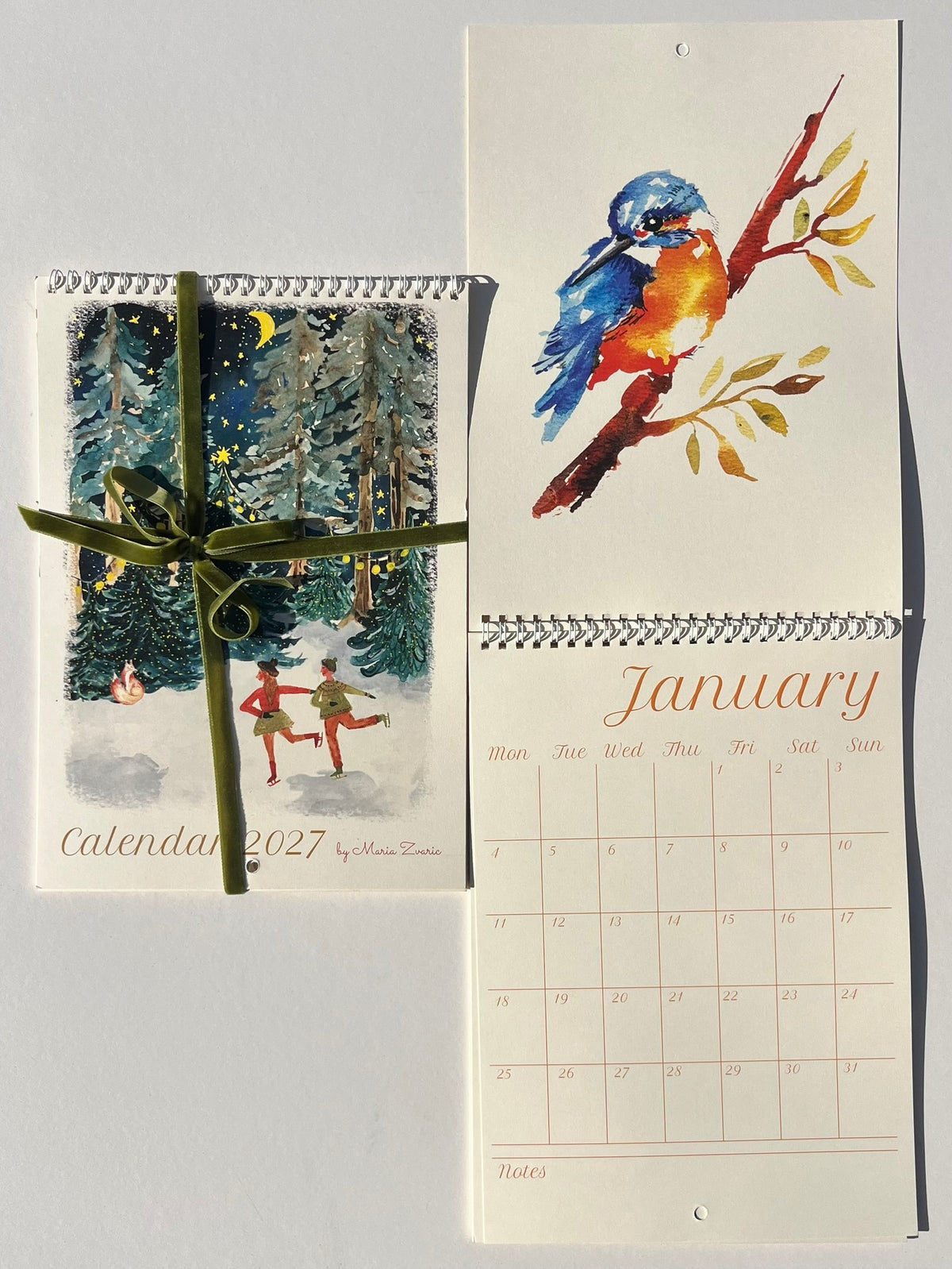 2027 A4 watercolour calendar printed on natural ivory card with metal wire spine