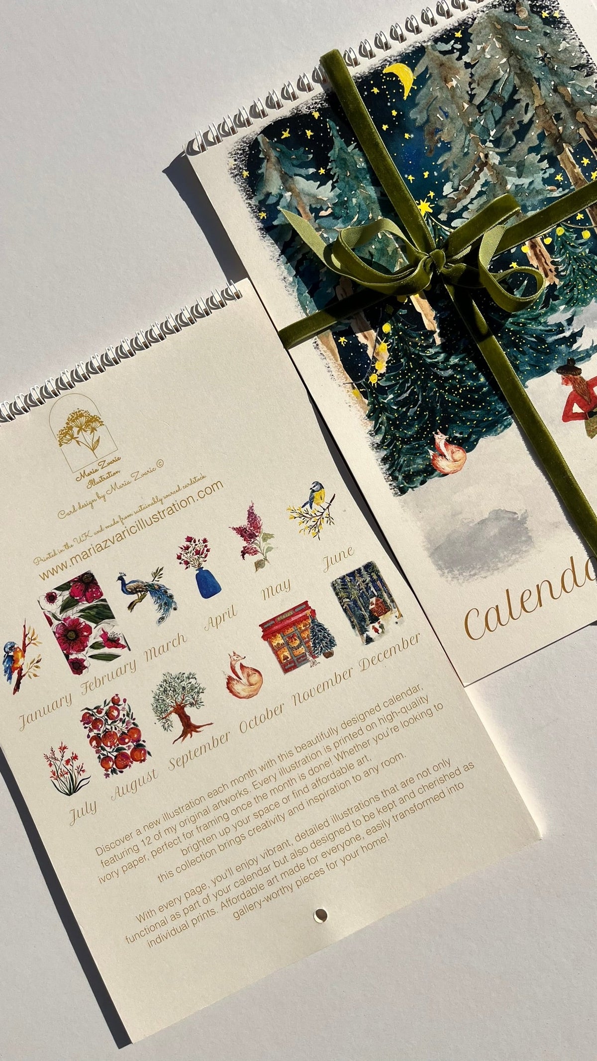 A4 2027 watercolour art calendar with botanical illustrations, natural ivory card and metal wire spine