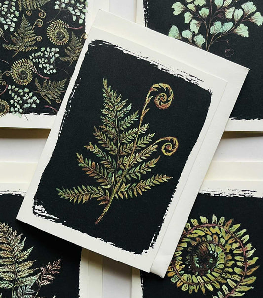 Fern Greeting Card on Black | Watercolour & Ink Botanical Design | Maria Zvaric Illustration