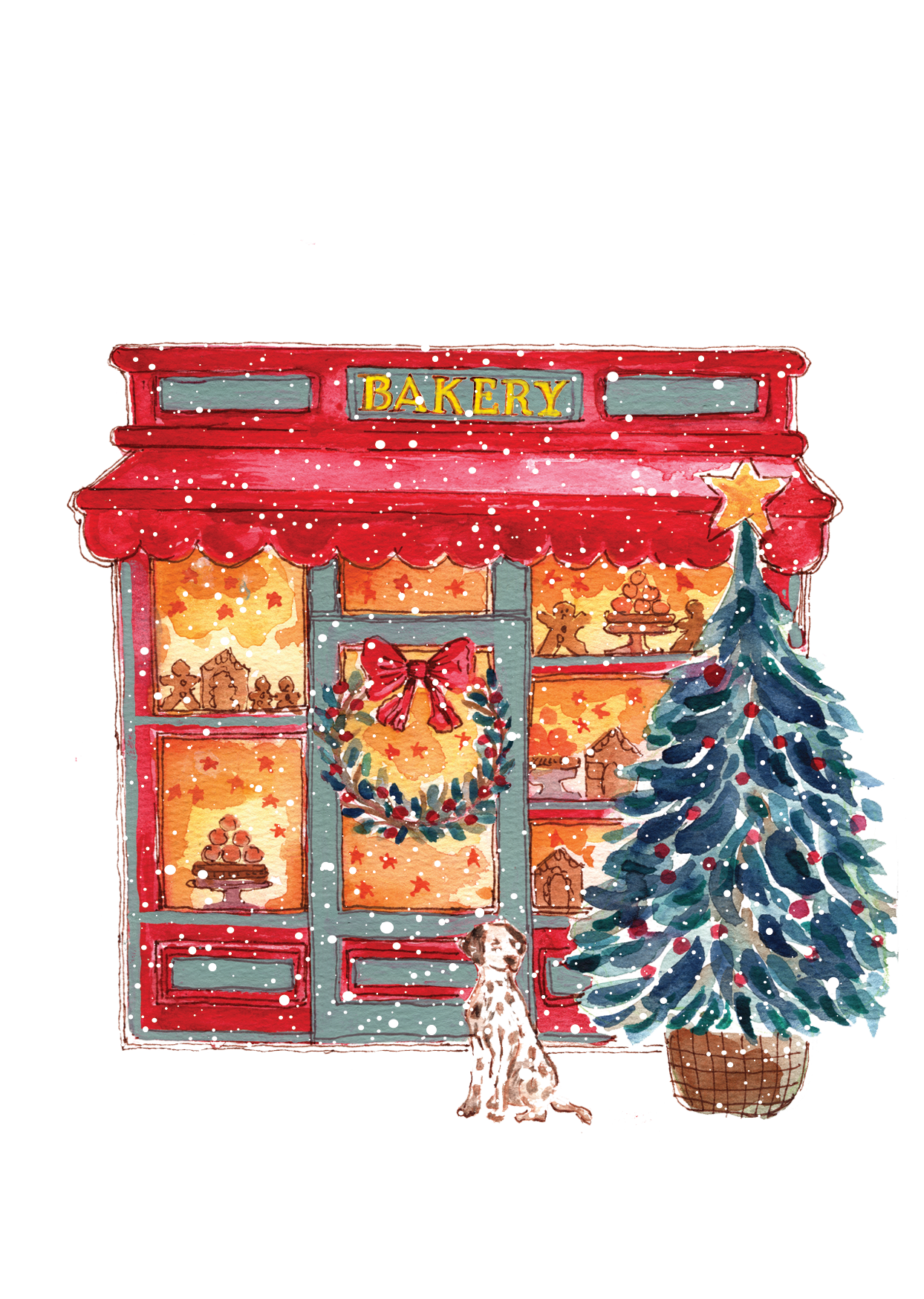 Bakery with Dalmatian Greeting Card | Cosy Winter Street Design | Maria Zvaric Illustration