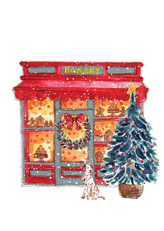 Bakery with Dalmatian Greeting Card | Cosy Winter Street Design | Maria Zvaric Illustration