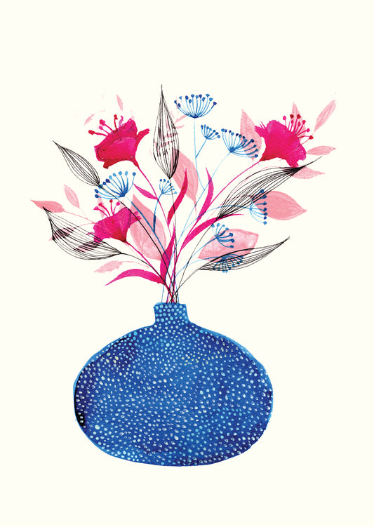 Blue Vase With Pink Flowers - Greetings Card