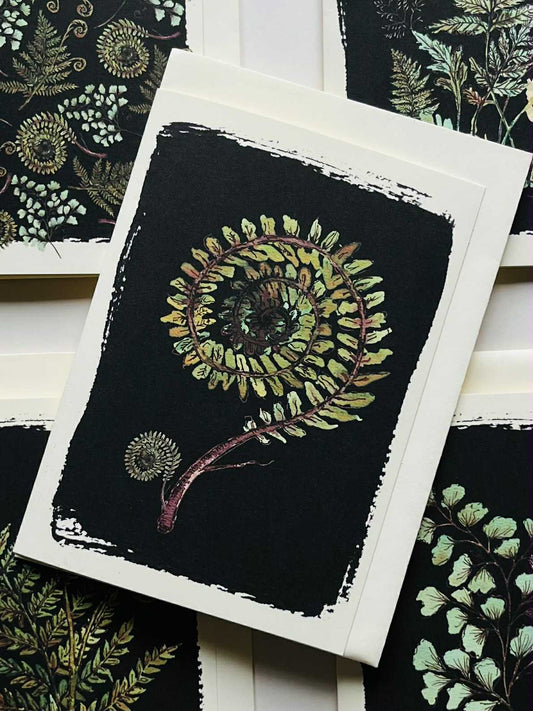 Fern Fronds Greeting Card on Black | Botanical Watercolour & Ink Design | Maria Zvaric Illustration