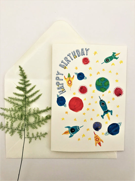 Happy Birthday - Rocket Planets - Greetings Card