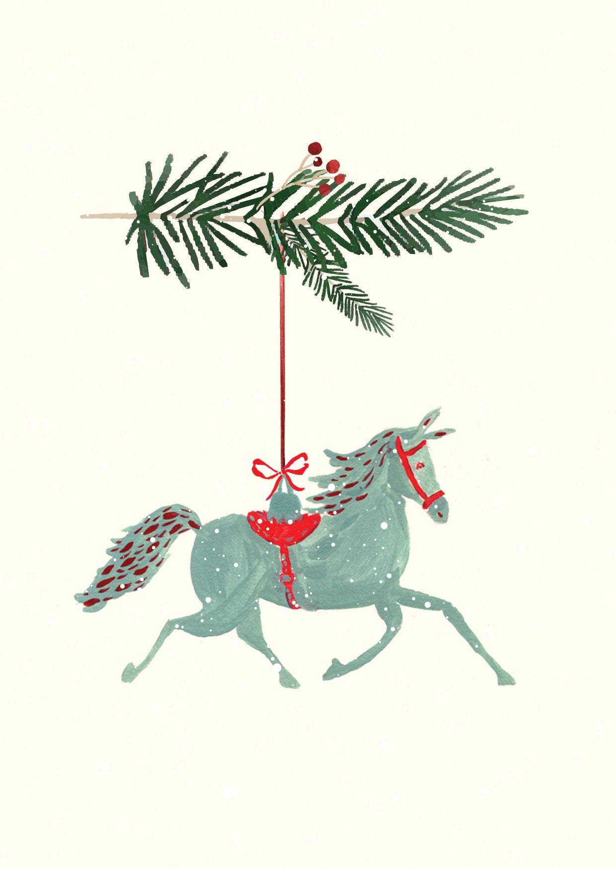 orse Christmas Greeting Card by Maria Zvaric Illustration. Handcrafted card with an elegant ivory horse illustration, perfect for sending festive Christmas wishes in the UK.