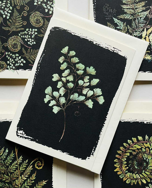 Maidenhair Fern Greeting Card on Black | Delicate Botanical Watercolour | Maria Zvaric Illustration