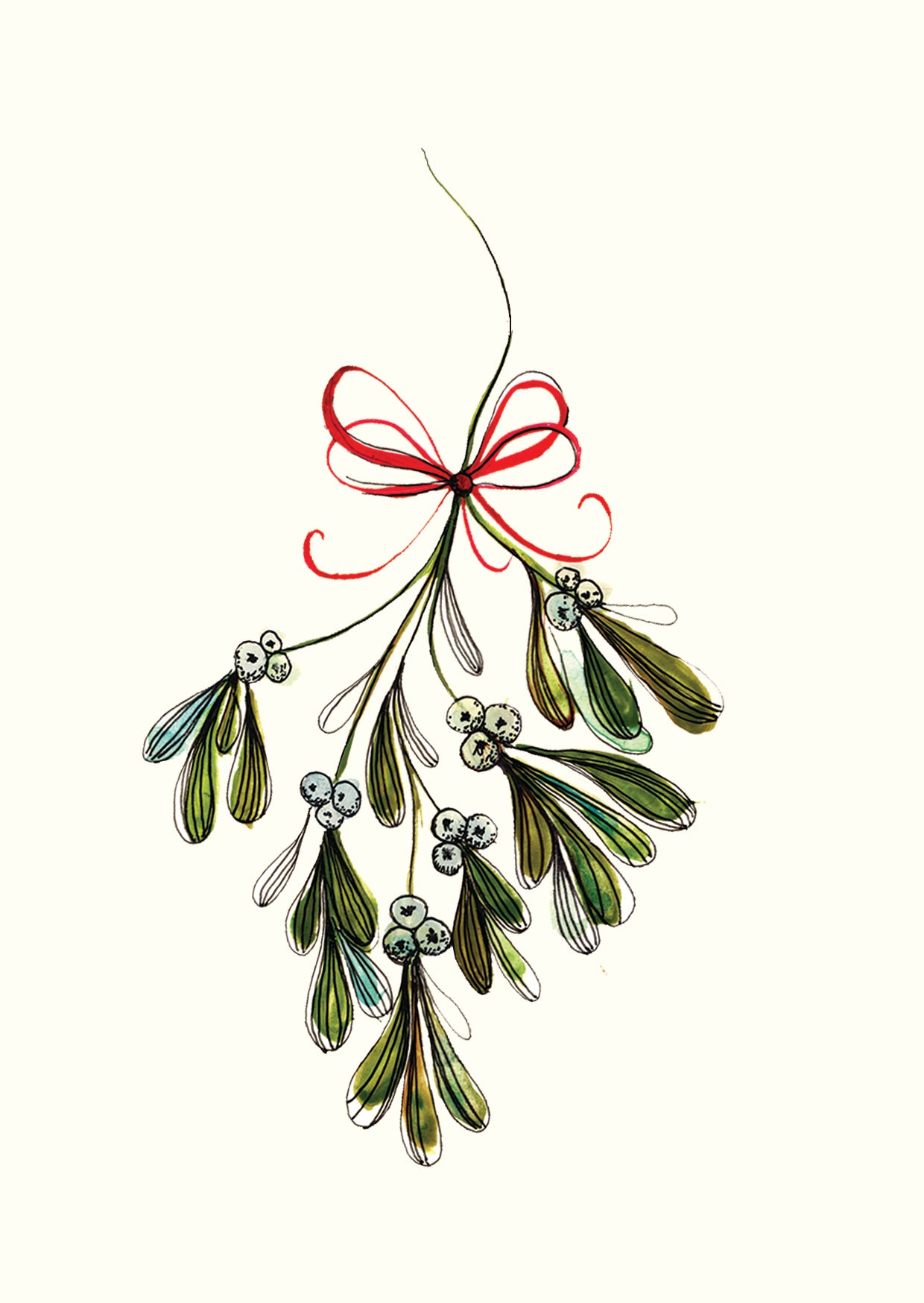 Mistletoe Christmas Greeting Card by Maria Zvaric Illustration. Classic card showcasing a mistletoe design, perfect for sending warm and festive Christmas greetings.