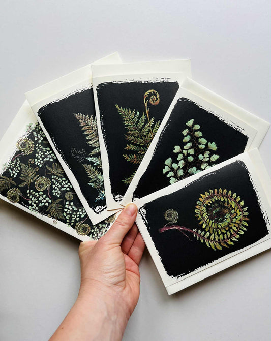 Set of 5 Fern & Foliage Greeting Cards on Black | Botanical Watercolour & Ink | Maria Zvaric Illustration