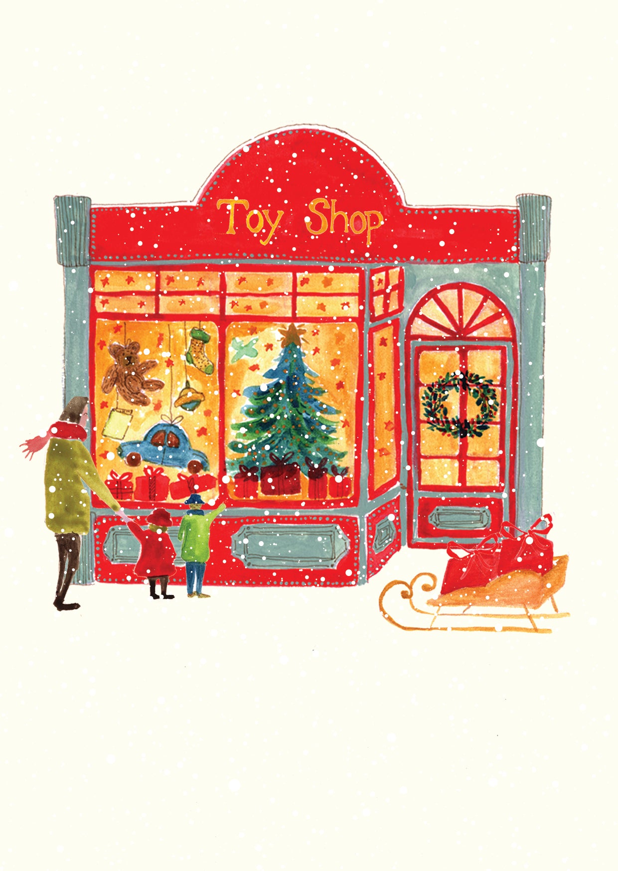 Toy Shop Christmas Greeting Card by Maria Zvaric Illustration. Unique card featuring a whimsical toy shop design, perfect for sending festive Christmas greetings.