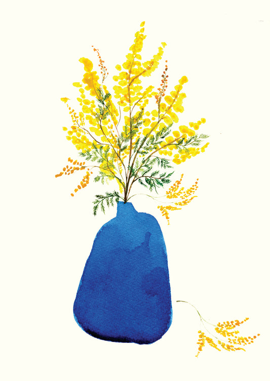 Blue Vase with Mimosa Greetings Card by Maria Zvaric Illustration featuring a refined floral design with mimosa blooms in a blue vase.