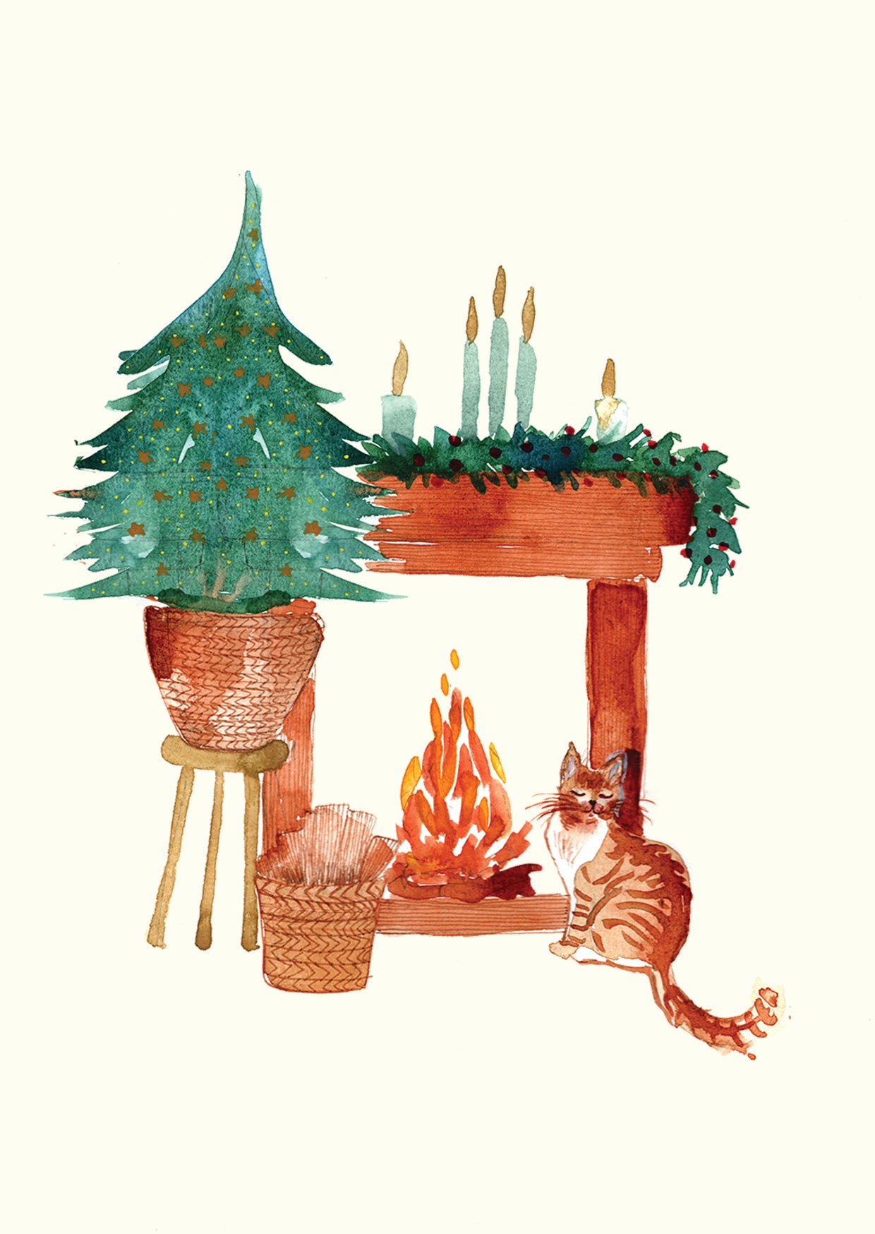 Cat by the Fireplace Christmas Greeting Card by Maria Zvaric Illustration featuring a cozy design with a cat by the fireplace, ideal for sending warm and festive Christmas greetings.