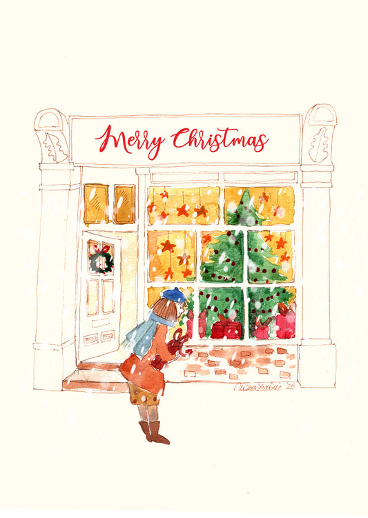 Christmas Window Made in Greenwich Greeting Card by Maria Zvaric Illustration featuring a festive window design inspired by Greenwich, ideal for sending local and heartfelt Christmas greetings.