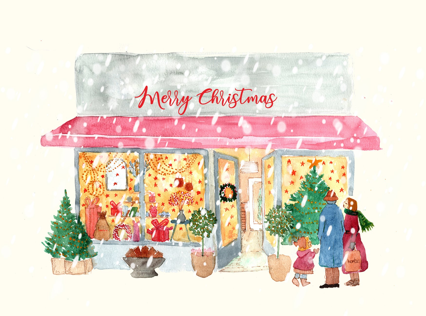 Christmas Window Merry Christmas Greeting Card by Maria Zvaric Illustration featuring a festive window design with "Merry Christmas" text, ideal for sending warm and elegant Christmas greetings.