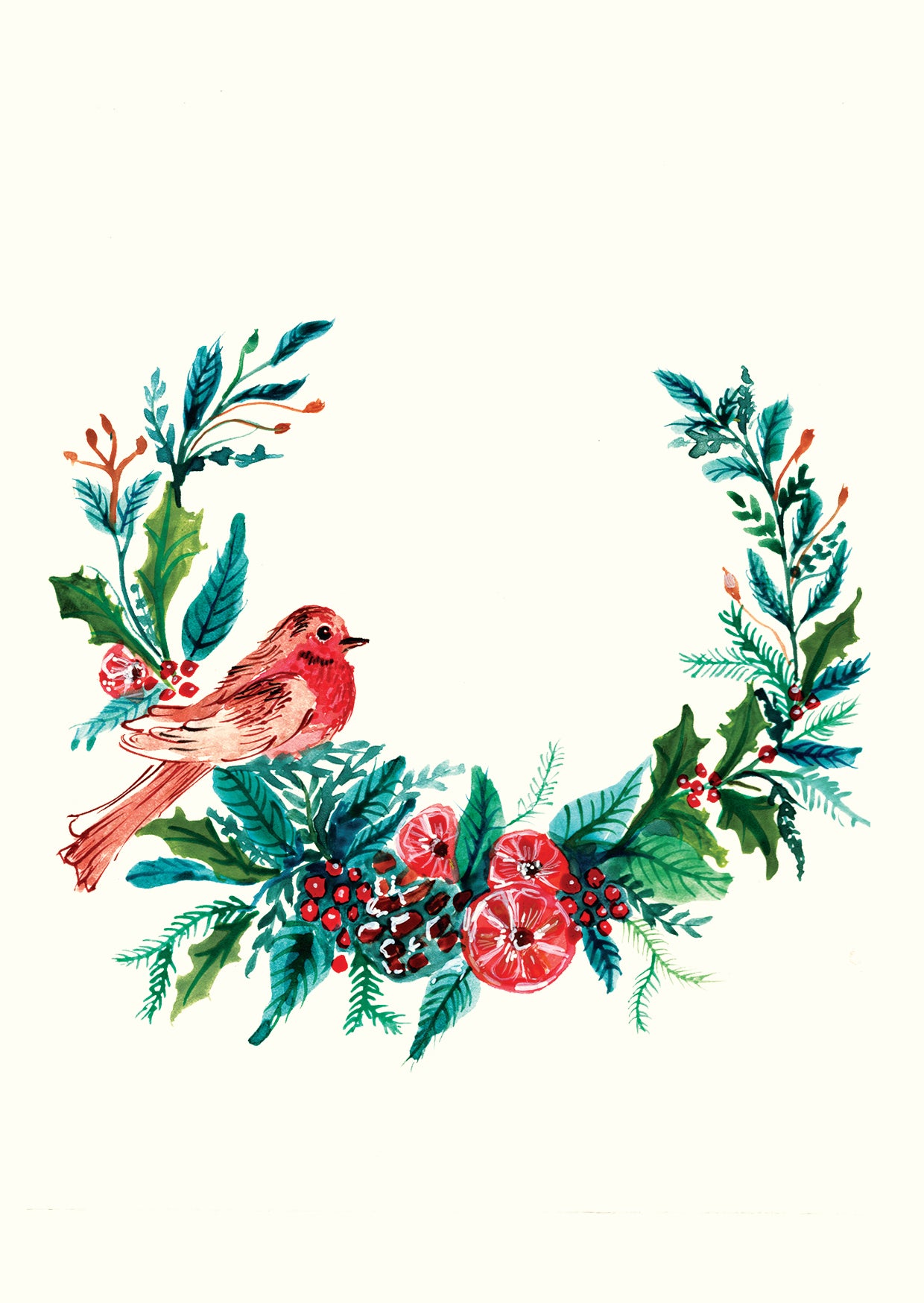 Christmas Wreath with Robin Christmas Greeting Card by Maria Zvaric Illustration featuring a festive wreath and robin design, perfect for sending holiday greetings.