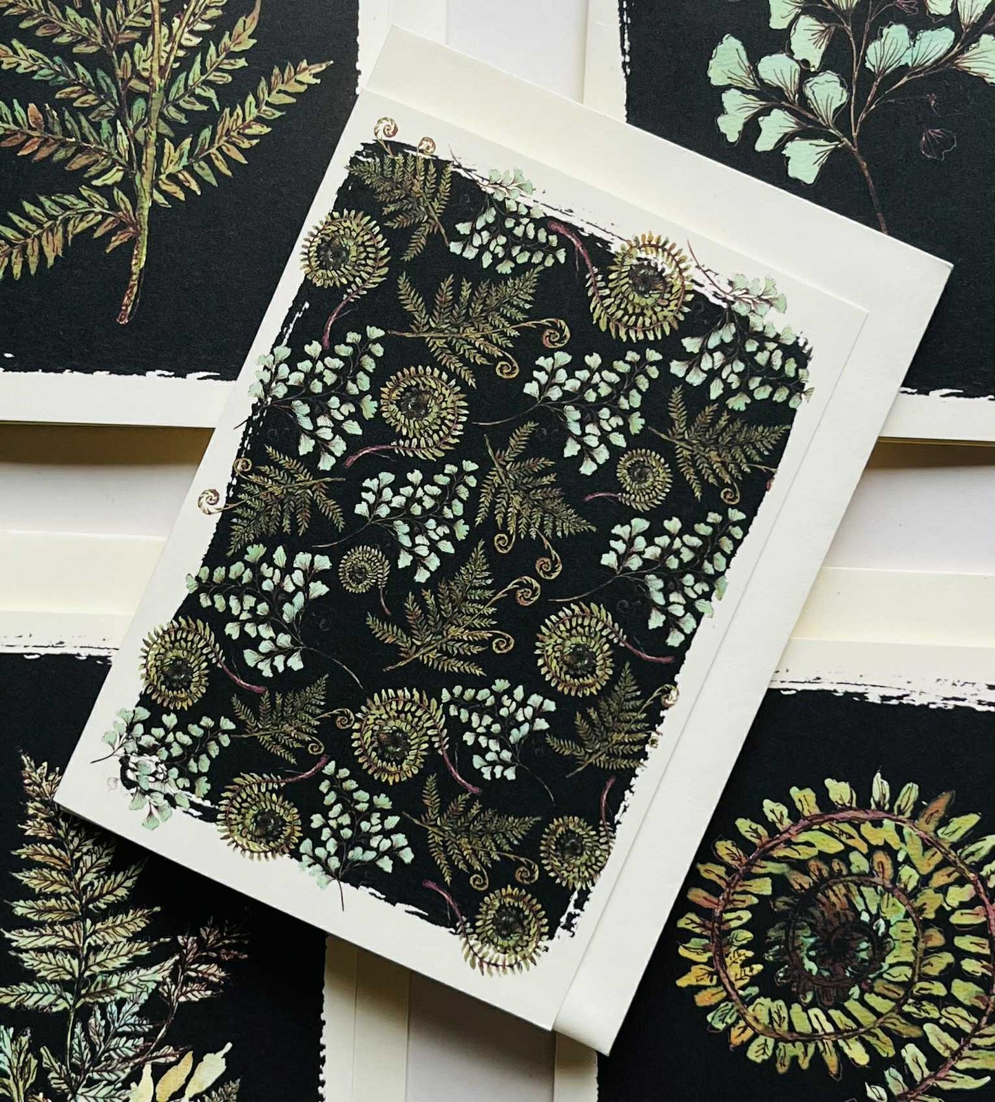Botanical Pattern Greeting Card on Black | Ferns & Botanical Designs | Maria Zvaric Illustration