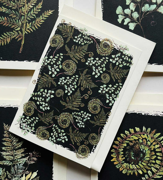 Botanical Pattern Greeting Card on Black | Ferns & Botanical Designs | Maria Zvaric Illustration