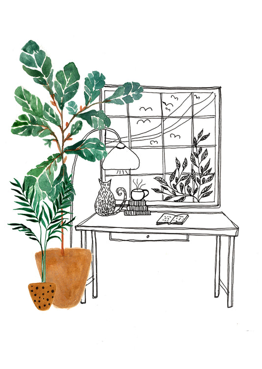 Desk With House Plants - Greetings Card