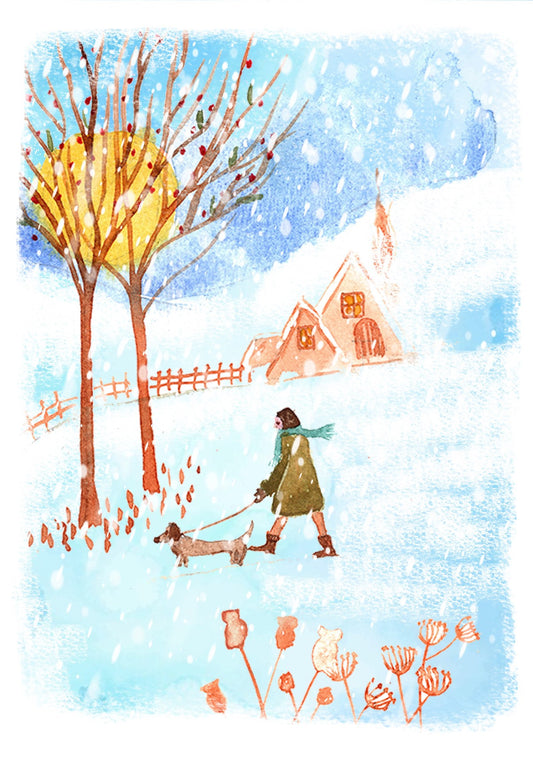 Walking the Dog Christmas Greeting Card by Maria Zvaric Illustration featuring a whimsical design of a dog in a winter setting, ideal for sending festive Christmas greetings.